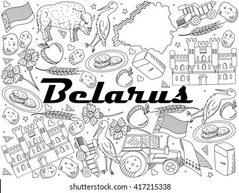 Vector line art Doodle set of cartoon characters and objects on Belarus. Coloring Book