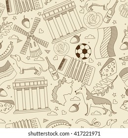 Vector line art Doodle set of cartoon characters and objects on Germany. Seamless retro