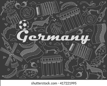 Vector line art Doodle set of cartoon characters and objects on Germany. Chalk