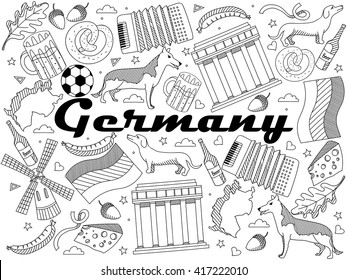 Vector line art Doodle set of cartoon characters and objects on Germany. Coloring Book