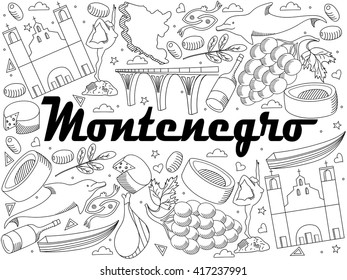 Vector line art Doodle set of cartoon characters and objects on Montenegro. Coloring Book