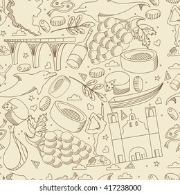 Vector line art Doodle set of cartoon characters and objects on Montenegro. Seamless retro