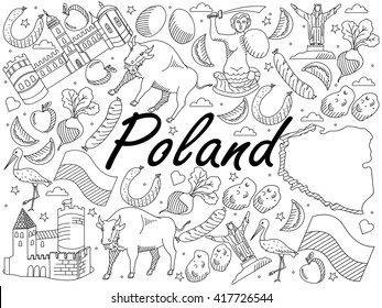 Vector line art Doodle set of cartoon characters and objects on Poland. Coloring Book