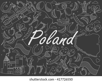 Vector line art Doodle set of cartoon characters and objects on Poland. Chalk