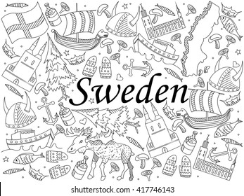 Vector line art Doodle set of cartoon characters and objects on Sweden. Coloring Book