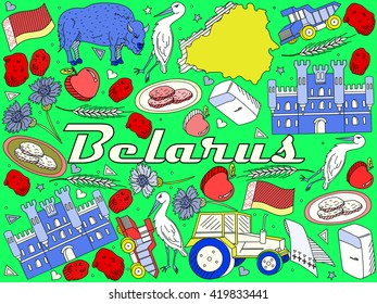 Vector line art Doodle set of cartoon characters and objects on Belarus.
