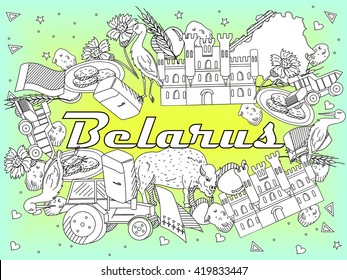 Vector line art Doodle set of cartoon characters and objects on Belarus. Coloring Book
