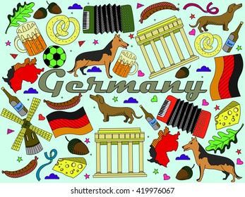 Vector line art Doodle set of cartoon characters and objects on Germany. 