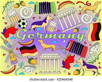 Vector line art Doodle set of cartoon characters and objects on Germany. 