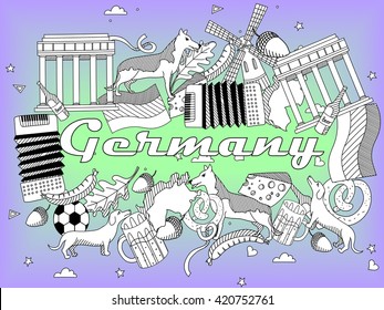 Vector line art Doodle set of cartoon characters and objects on Germany. Coloring Book