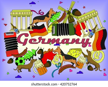 Vector line art Doodle set of cartoon characters and objects on Germany. 