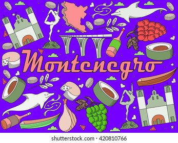 Vector line art Doodle set of cartoon characters and objects on Montenegro.