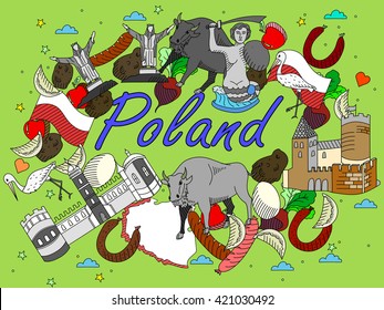 Vector line art Doodle set of cartoon characters and objects on Poland.