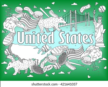 Vector line art Doodle set of cartoon characters and objects on United States. Coloring Book