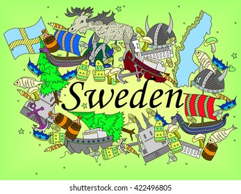 Vector line art Doodle set of cartoon characters and objects on Sweden.