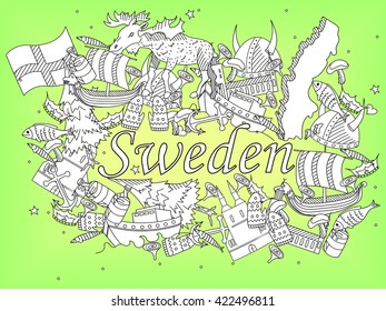 Vector line art Doodle set of cartoon characters and objects on Sweden. Coloring Book