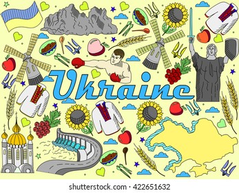 Vector line art Doodle set of cartoon characters and objects on Ukraine.