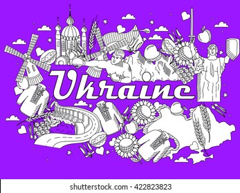 Vector line art Doodle set of cartoon characters and objects on Ukraine. Coloring Book