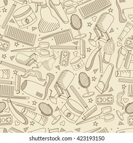 Vector line art Doodle set of cartoon characters and objects Barbershop. Hairdressing salon seamless retro 