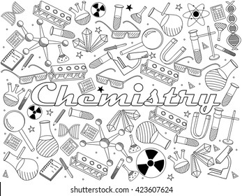 Vector line art Doodle set of cartoon characters and objects Chemistry. Coloring book