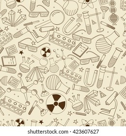 Vector line art Doodle set of cartoon characters and objects Chemistry. Seamless retro