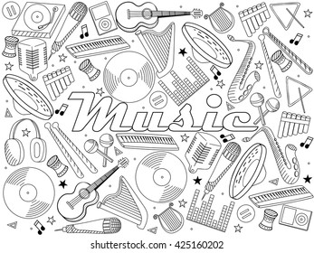 Vector line art Doodle set of cartoon characters and objects music instruments. Coloring book