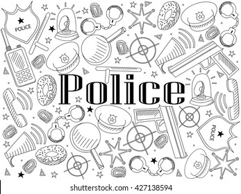 Vector line art Doodle set of cartoon characters and objects police. Coloring book