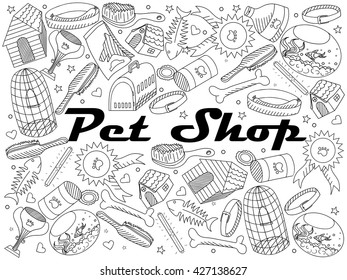 Vector line art Doodle set of cartoon characters and objects pet shop. Coloring book