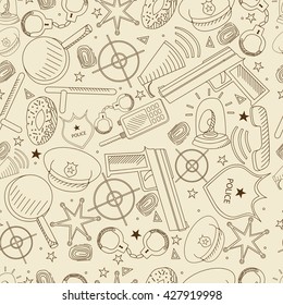 Vector line art Doodle set of cartoon characters and objects police. Seamless retro