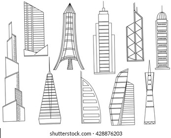Vector line art Doodle set of cartoon characters and objects tall buildings. Tower blocks coloring book