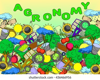 Vector line art Doodle set of cartoon characters and objects Agronomy.
