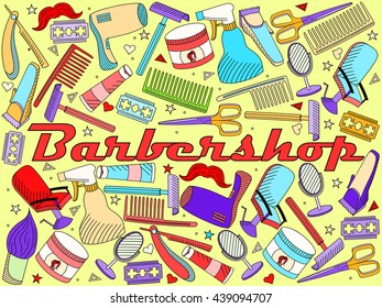 Vector line art Doodle set of cartoon characters and objects Barbershop. Hairdressing salon