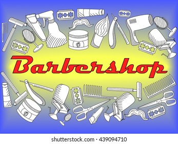 Vector line art Doodle set of cartoon characters and objects Barbershop. Hairdressing salon coloring book