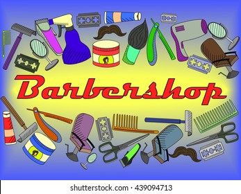Vector line art Doodle set of cartoon characters and objects Barbershop. Hairdressing salon