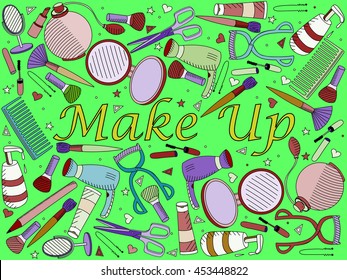 Vector line art Doodle set of cartoon characters and objects make up. Maquillage