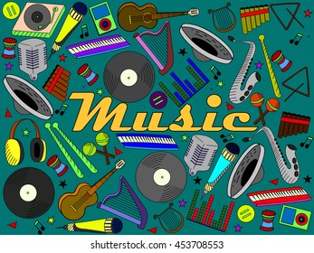 Vector line art Doodle set of cartoon characters and objects music instruments.