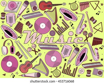 Vector line art Doodle set of cartoon characters and objects music instruments.