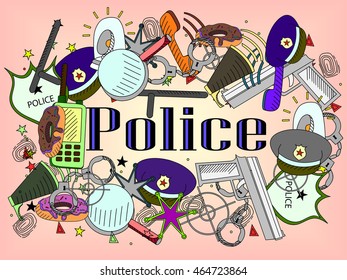Vector line art Doodle set of cartoon characters and objects police.