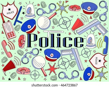 Vector line art Doodle set of cartoon characters and objects police.
