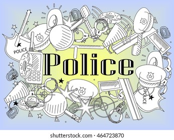 Vector line art Doodle set of cartoon characters and objects police. Coloring book