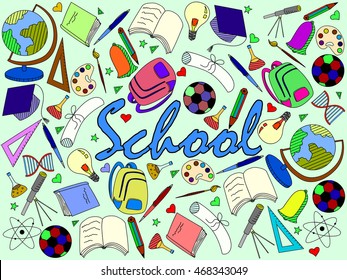 Vector line art Doodle set of cartoon characters and objects school. Coloring book