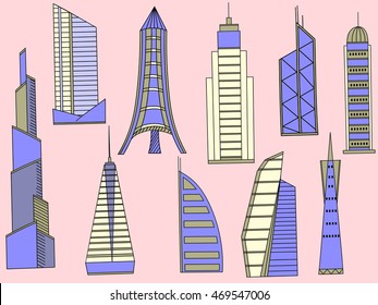 Vector line art Doodle set of cartoon characters and objects tall buildings. Tower blocks