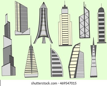 Vector line art Doodle set of cartoon characters and objects tall buildings. Tower blocks