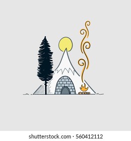 Vector line art Doodle.Snow cave in the midst of winter storms.Vector winter wonderland night background