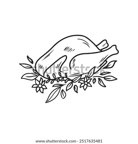 Vector line art drawing of cooked turkey or chicken, garnished with herbs and flowers. Hand drawn vector sketch illustration in doodle engraved vintage line art style. Thanksgiving day celebration.