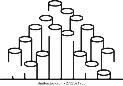  Un dibujo de arte de línea de Vector de piezas de madera cortadas, con anillos de árbol visibles en los extremos, apilados juntos y aislados sobre un fondo blanco