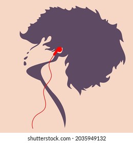 vector line art drawing of a girl with a short lush hairstyle with earphones in her ears, who listens to music with her head thrown back in pleasure. isolated in trendy colors.online music application