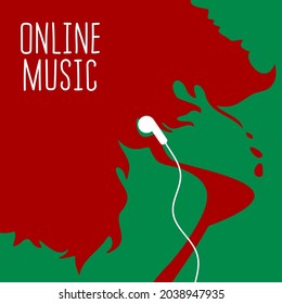 vector line art drawing of a girl with a short lush hairstyle with earphones in her ears, who listens to music with her head thrown back in pleasure. isolated in trendy colors. text "online music".
