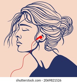 vector line art drawing of a girl with a short lush hairstyle with earphones in her ears, who listens to music with her head thrown back in pleasure. isolated in trendy colors.online music application