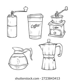 Ilustración de dibujo de arte de línea de Vector de una colección de café